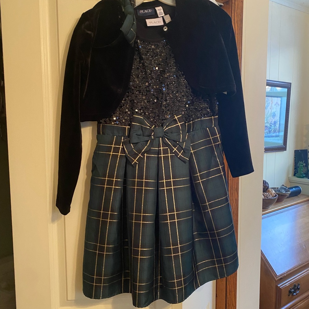 Place Satin Green Plaid Dress with Black Velvet Bolero, Plaid Bow Headband
